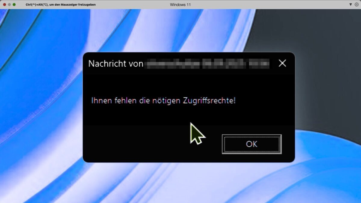 Das Bild zeigt eine generierte Fehlermeldung "Ihnen fehlen die nötigen Zugriffsrechte!".