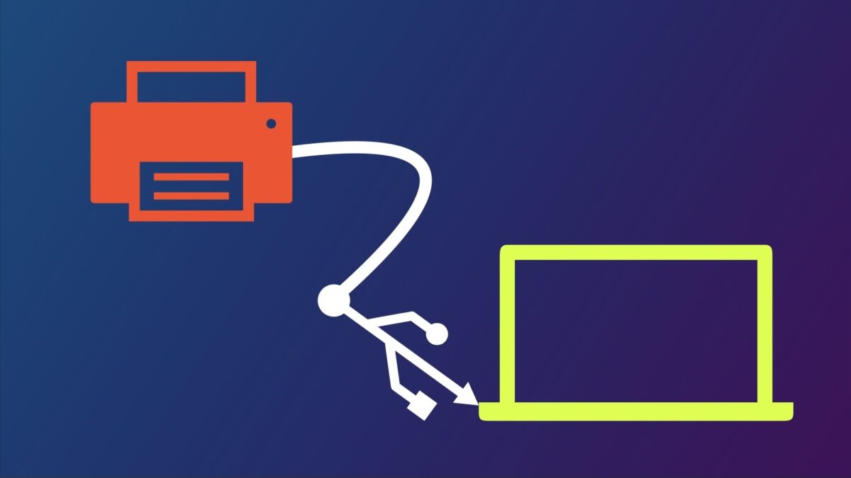 Das Bild zeigt eine Symbolgrafik. Links oben befindet sich ein orangenes Druckersymbol, welches mit einem weißen USB-Kabel mit einem grünen Laptop verbunden ist.