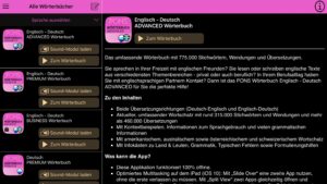 Der Screenshot zeigt die PONS-App. In der linken Spalte sind Wörterbuch-Pakete zu sehen, rechts die entsprechende Beschreibung. Dieses Bild ist nur ein Symbolbild, um die Invertierung zu demonstrieren.